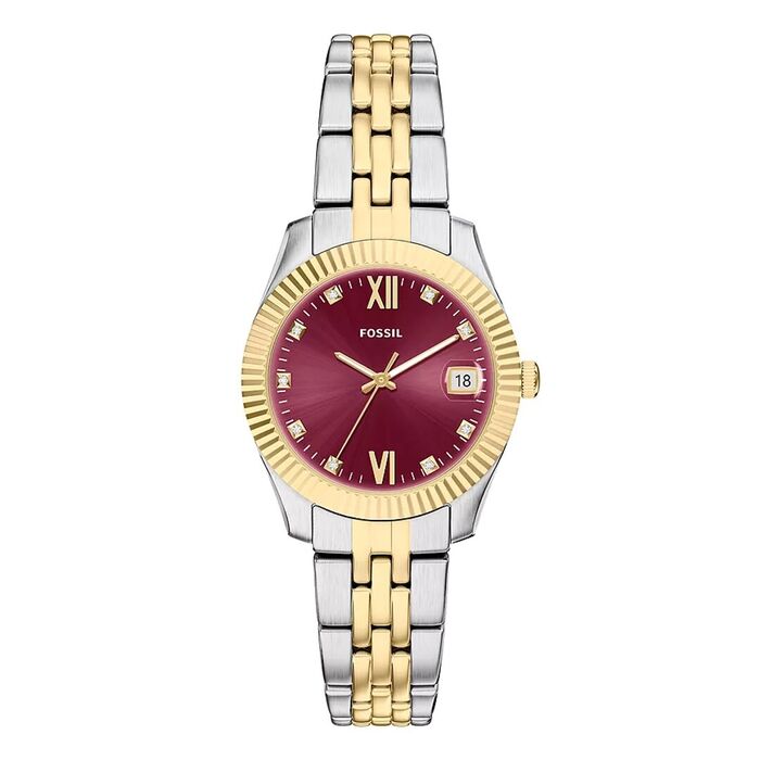 Relógio Fossil para mulher com mostrador bordô com bracelete bicolor e função de calendário.