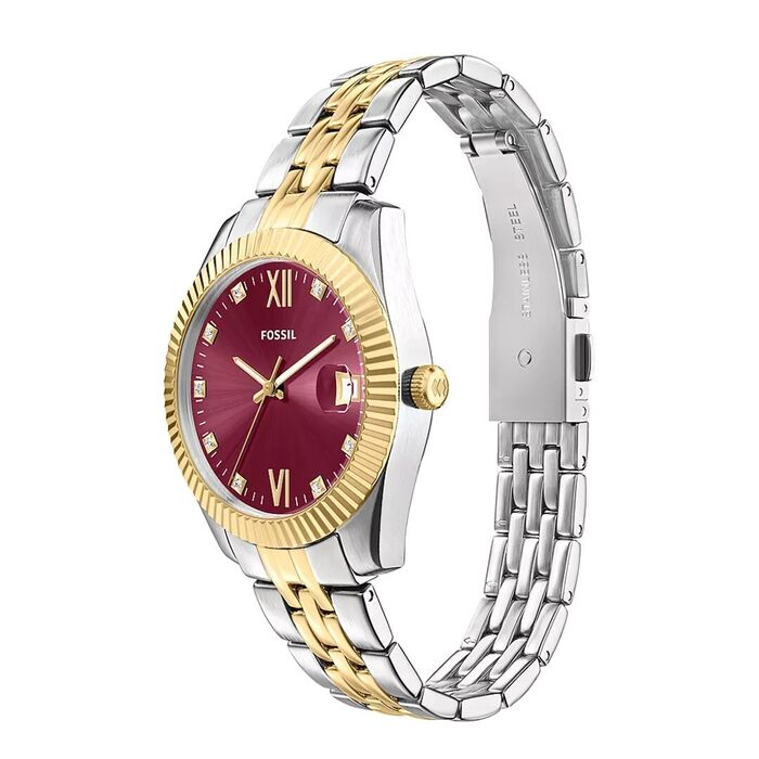 Relógio Fossil para mulher com mostrador bordô com bracelete bicolor e função de calendário.