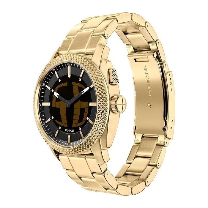 Relógio Fossil para homem com bracelete em aço  dourado e mostrador analógico e digital.