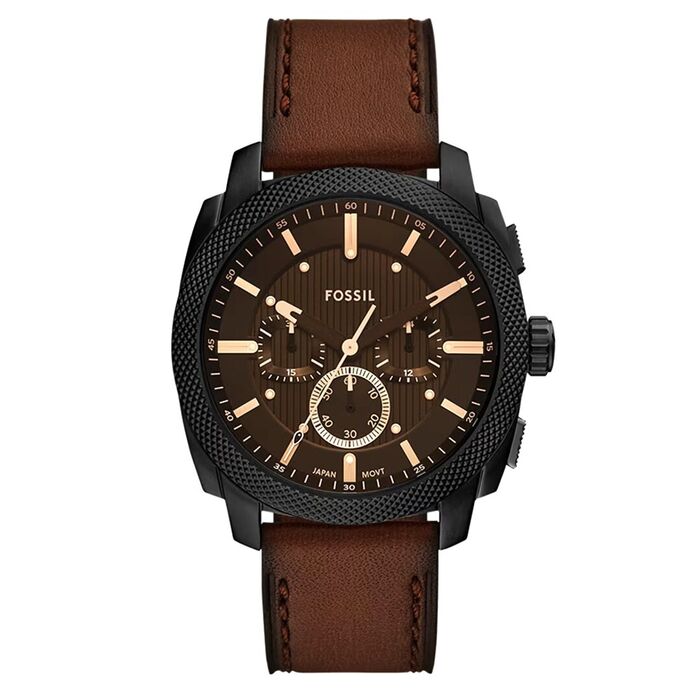 Relógio Fossil masculino com bracelete em couro genuíno castanho e com funcão de cronógrafo.