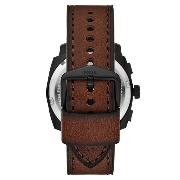 Relógio Fossil masculino com bracelete em couro genuíno castanho visto de trás.