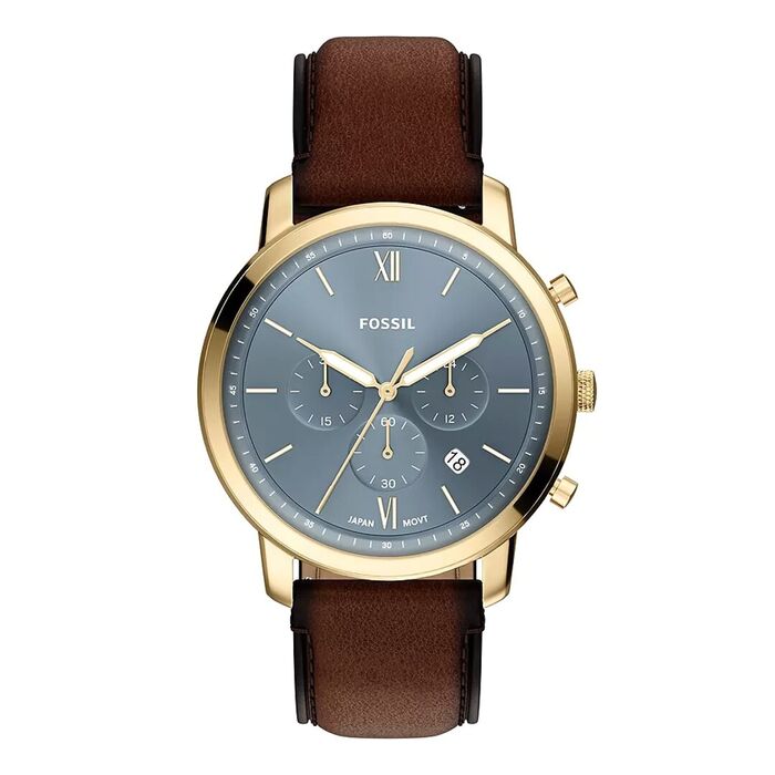Relógio Fossil masculino com bracelete em couro genuíno castanho, caixa dourada e mostrador azul.