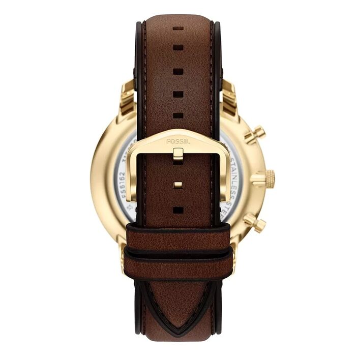 Relógio Fossil masculino com bracelete em couro genuíno castanho, caixa dourada e mostrador azul.