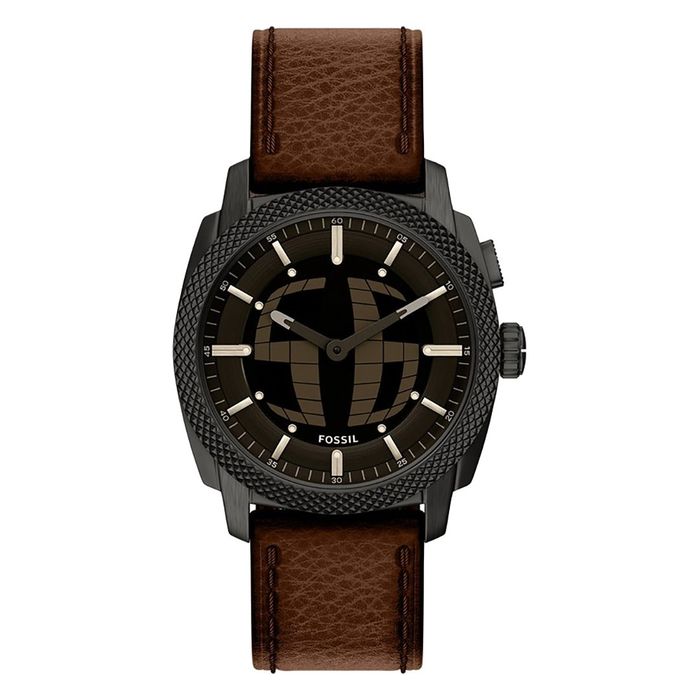 Relógio Fossil com mostrador preto com padrão de globo, bezel texturado e bracelete castanha