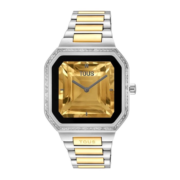Smartwatch TOUS com mostrador octogonal dourado facetado, aro com cristais e bracelete bicolor