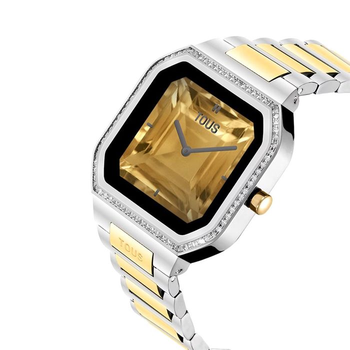Smartwatch prata e dourado com mostrador amarelo facetado, aro com cristais e bracelete bicolor
