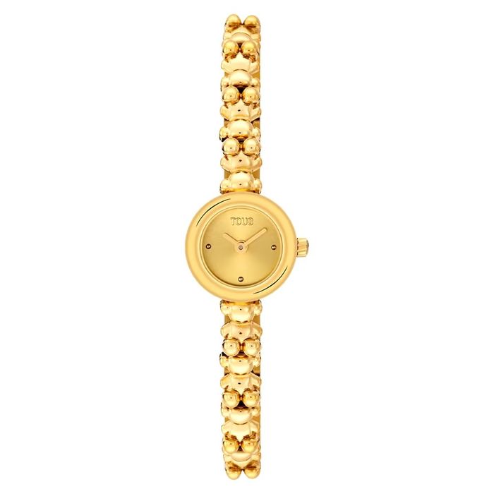 Relógio dourado com mostrador redondo minimalista e bracelete formada por ursinhos