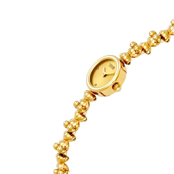 Relógio dourado pequeno com mostrador redondo e pulseira de elos em forma de ursinho