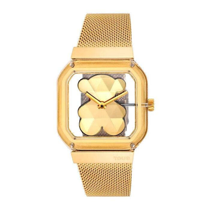 Relógio dourado com bracelete malha, caixa quadrada transparente e mostrador em forma de urso