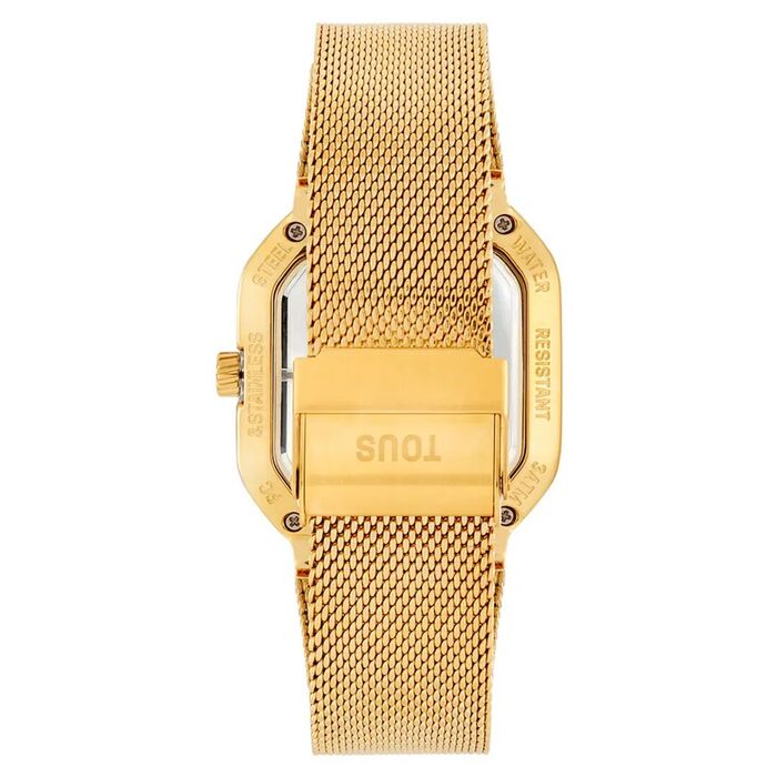 Verso de relógio dourado com bracelete em malha, fecho metálico e coroa lateral
