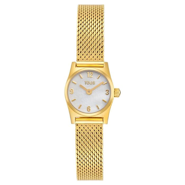 Relógio dourado com bracelete malha e mostrador branco perolado e marcadores dourados