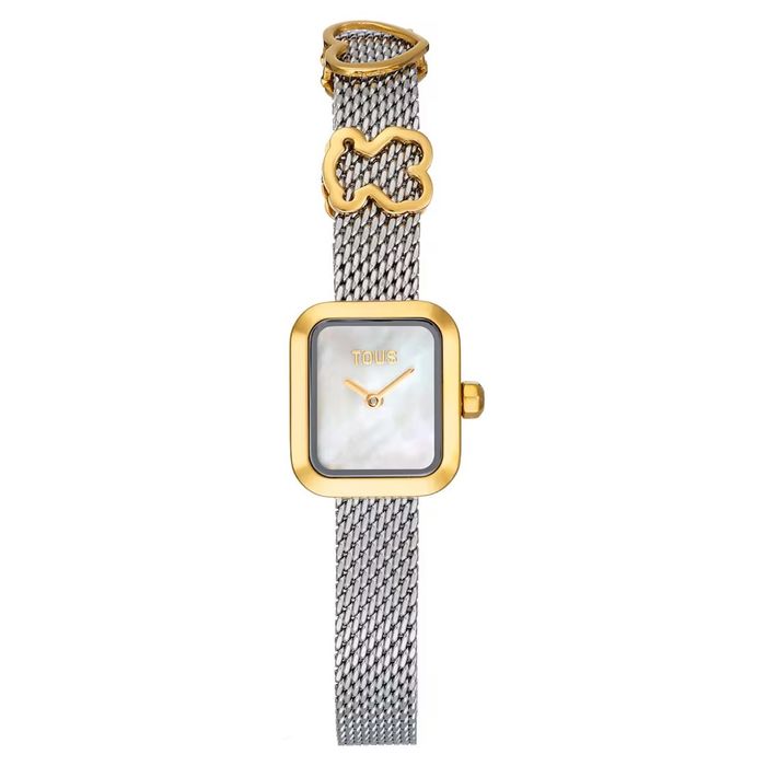 Relógio com mostrador rectangular madrepérola, caixa dourada e bracelete malha prateada com pendente