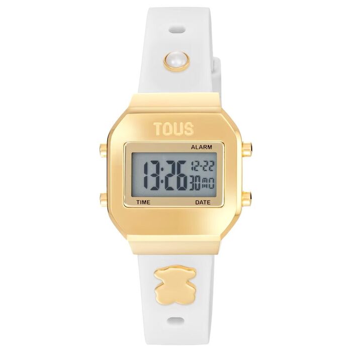 Relógio digital com caixa dourada quadrada e bracelete branca com ursinho dourado
