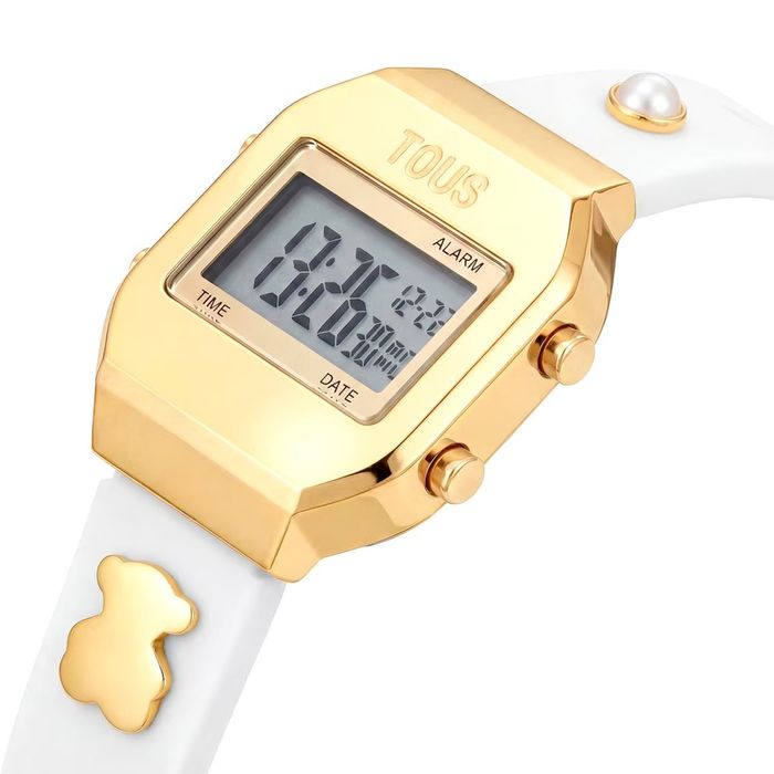 Relógio digital com caixa dourada, ecrã LCD e bracelete branca com aplique de urso e pérola