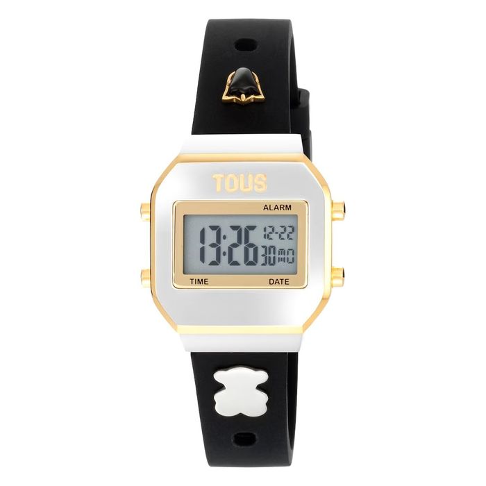 Relógio digital branco e dourado com mostrador rectangular e bracelete preta com ursinhos