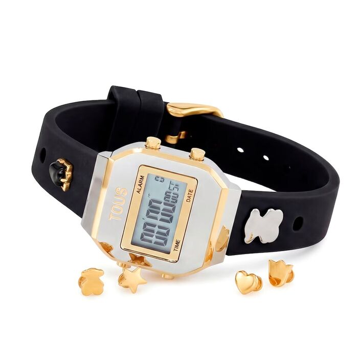 Relógio digital TOUS com caixa dourada e prateada, bracelete preta e pendentes em formas (urso,estre