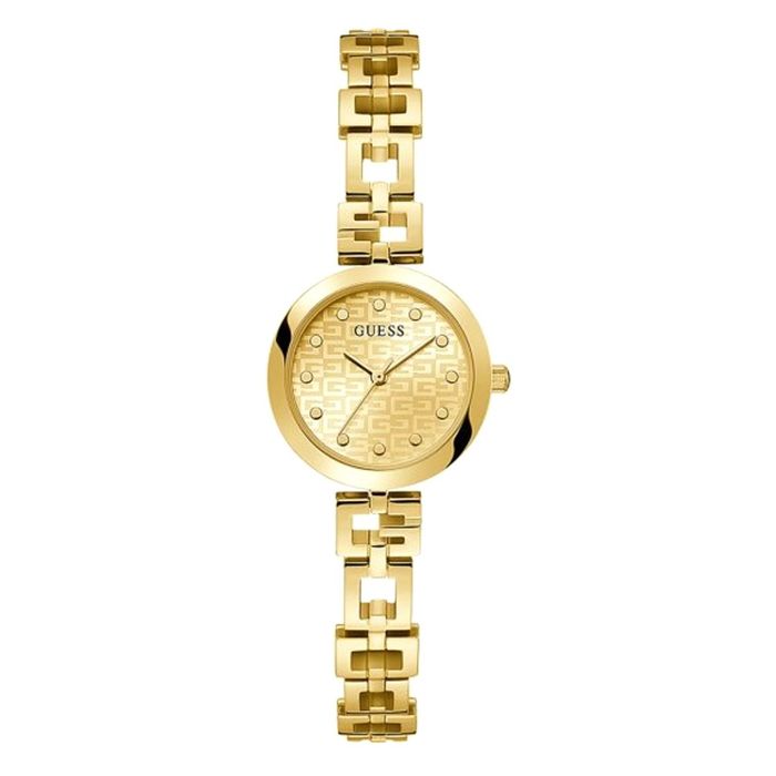 Relógio feminino dourado, mostrador redondo com padrão G, marcadores de pontos e bracelete em elos