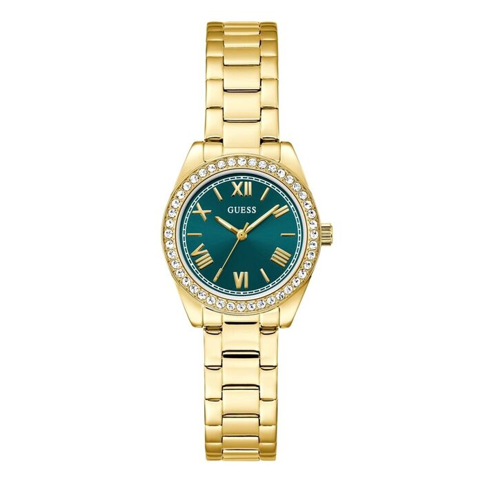 Relógio dourado com bracelete metálica, mostrador verde e aro com cristais