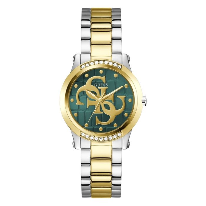 Relógio bicolor com bracelete prata e dourada, mostrador verde, logótipo dourado e cristais