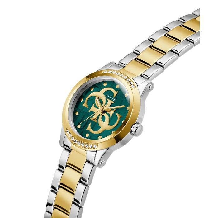 Relógio de pulso bicolor dourado e prateado, mostrador verde com monograma dourado e cristais