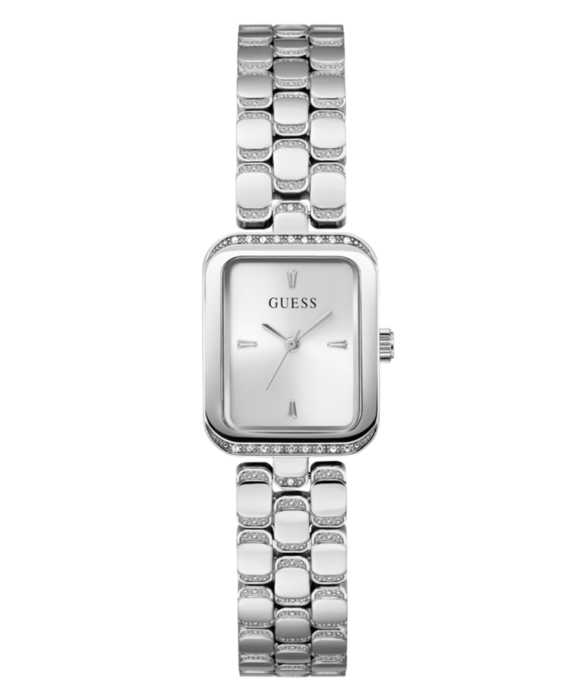 Relógio prateado retangular com mostrador prateado, logótipo GUESS e bracelete com cristais