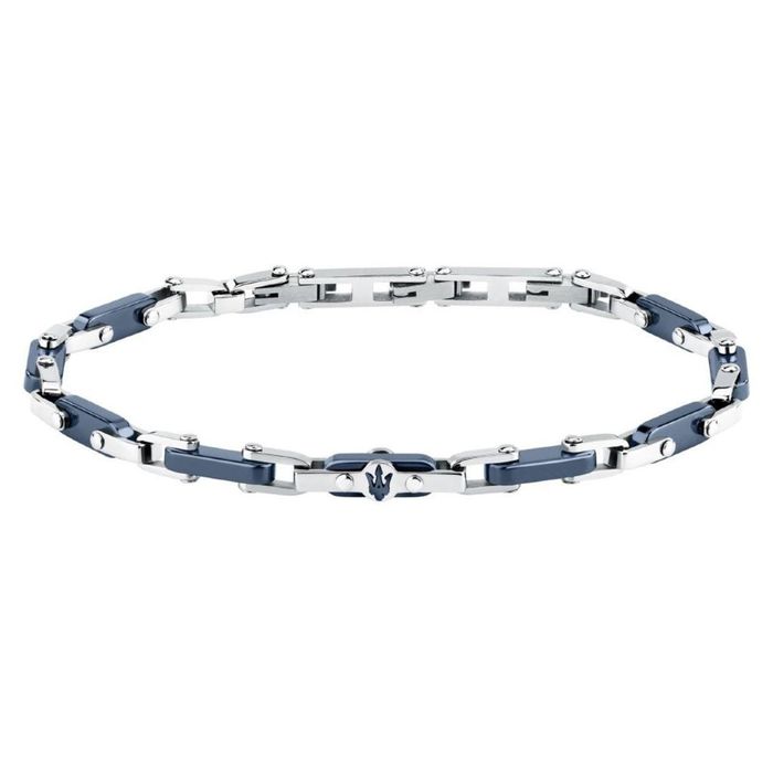 Pulseira com elos prateados e azul-escuro e fecho com símbolo tridente.