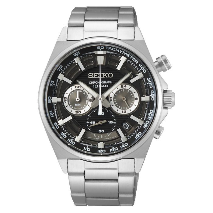 Relógio prateado masculino da Seiko com mostrador preto, cronógrafo e calendário do índice das 4h.