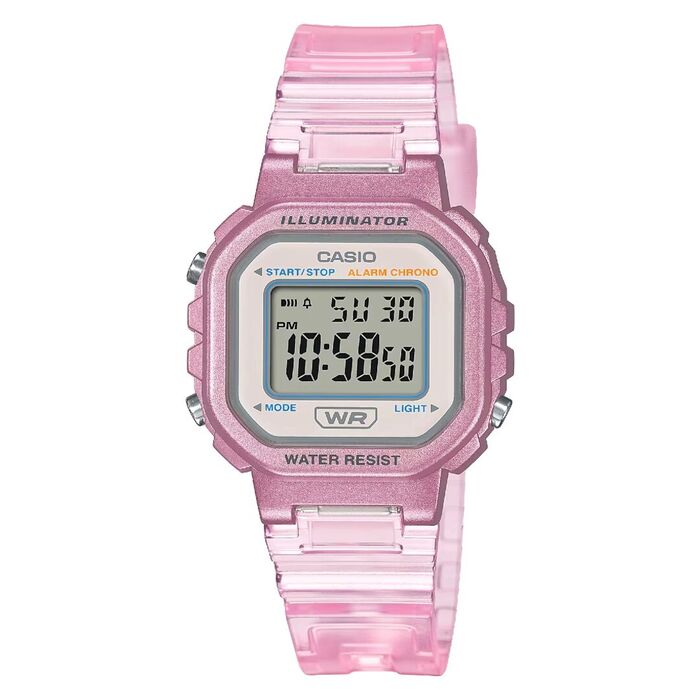 Relógio digital rosa Casio com mostrador quadrado e bracelete translúcida.