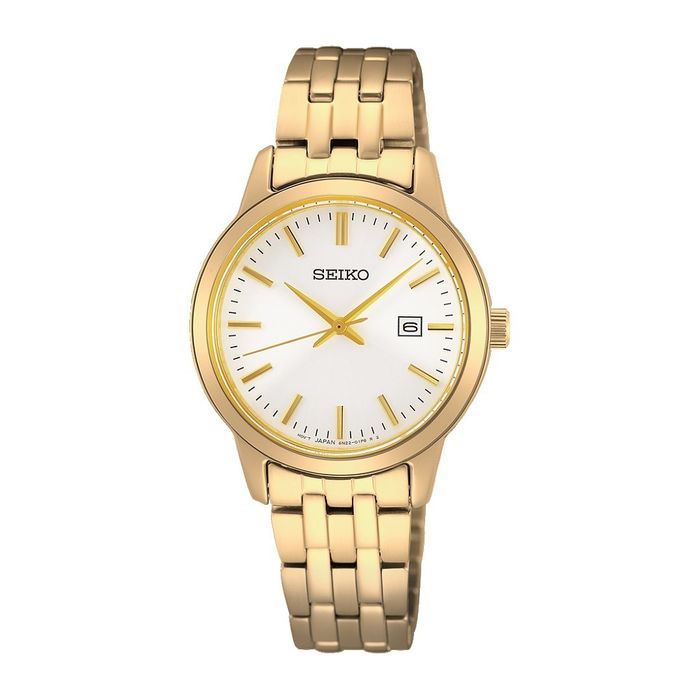 Relógio feminino Seiko com bracelete e caixa dourada e mostrador branco com calendário.
