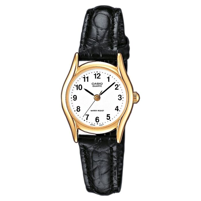 Relógio feminino com caixa dourada, mostrador branco com algarismos negros e bracelete preta