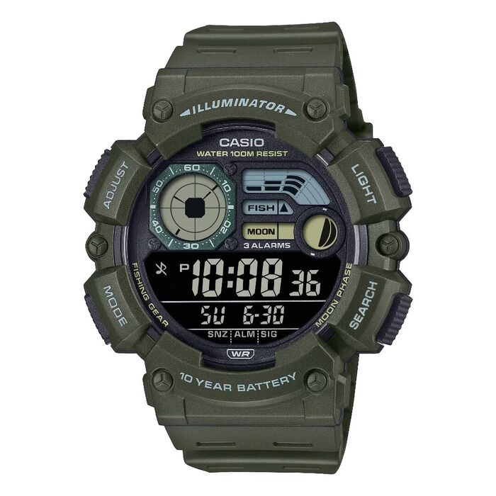 Relógio digital Casio verde com visor múltiplo e inscrição 10 year battery.