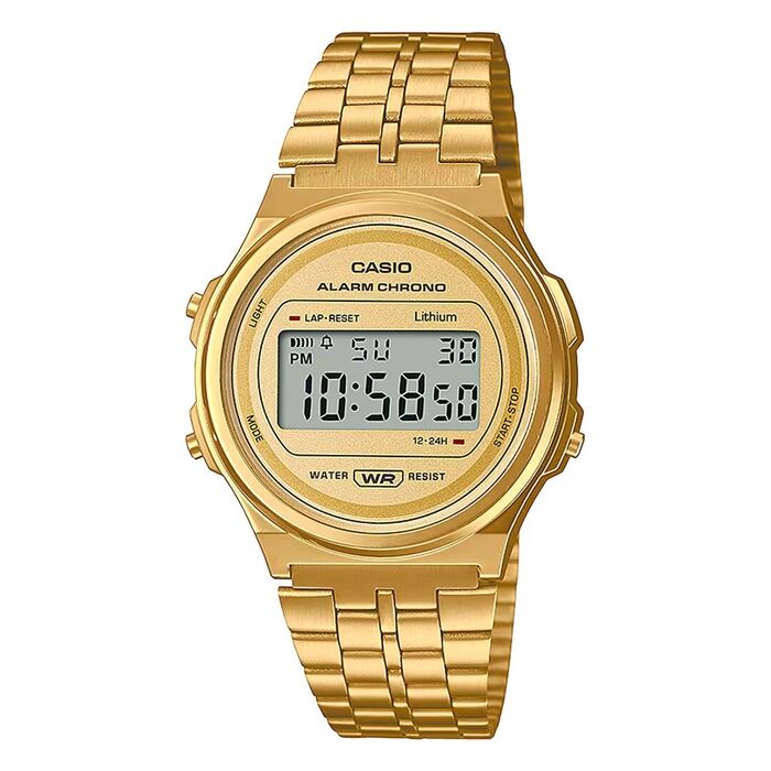 Relógio digital dourado com bracelete metálica e ecrã a mostrar 10:58:50