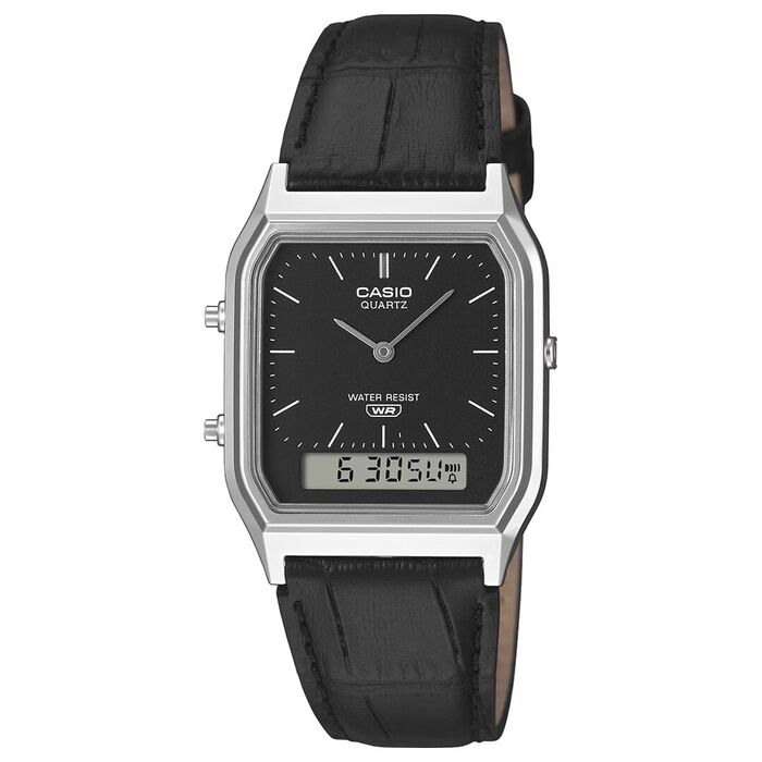 Relógio vintage prateado com mostrador preto analógico e digital e bracelete preta