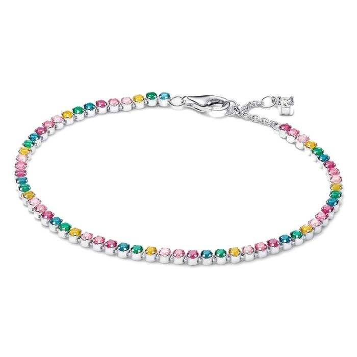 Pulseira feminina da Pandora com fecho ajustável e de malha cravada de zircónias de várias cores.