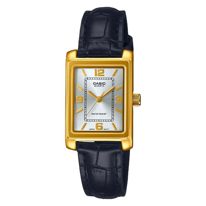 Relógio Casio vintage com caixa retângular dourada, e bracelete em pele preta.