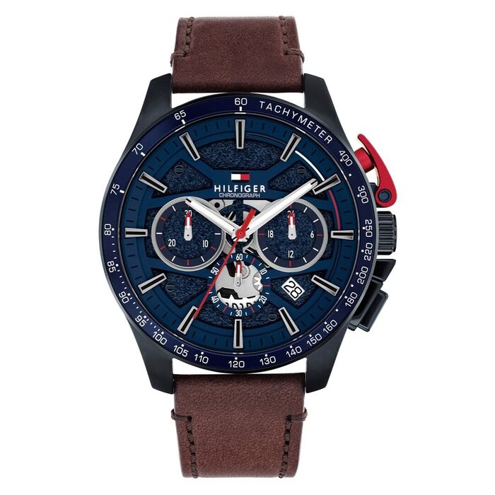 Relógio Tommy Hilfiger masculino com mostrador azul com função de cronógrafo e bracelete em pele.