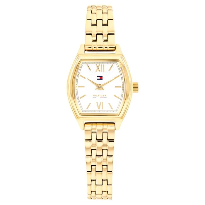 Relógio feminino da tommy hilfiger com caixa e bracelete dourado com mostrador branco.