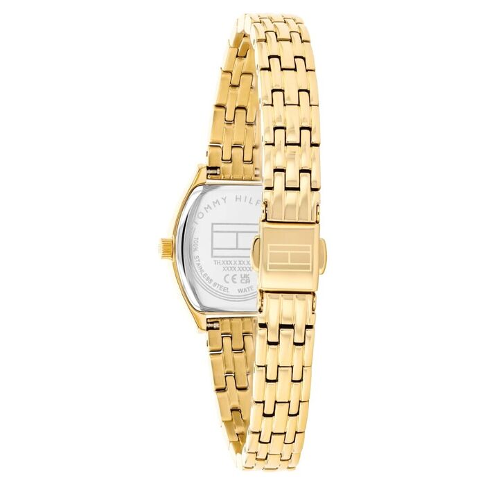 Relógio feminino da tommy com caixa e bracelete dourado com mostrador branco, visto de trás.