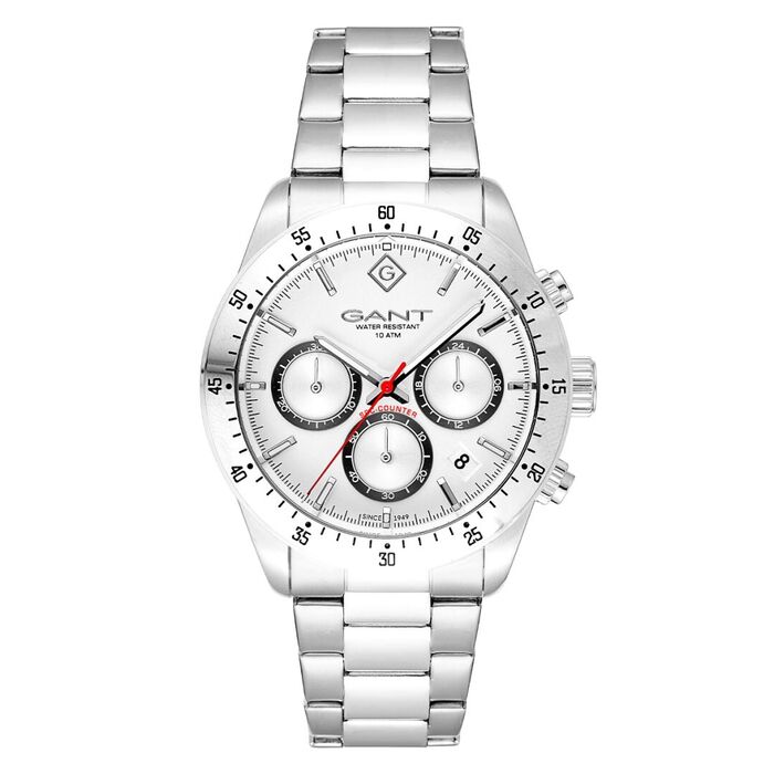 Relógio masculino da Gant com mostrador branco com função de cronógrafo e calendário.