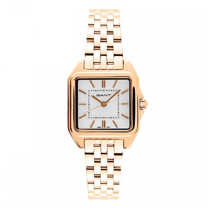 Relógio feminino da Gant com mostrador branco com caixa e bracelete em dourado.