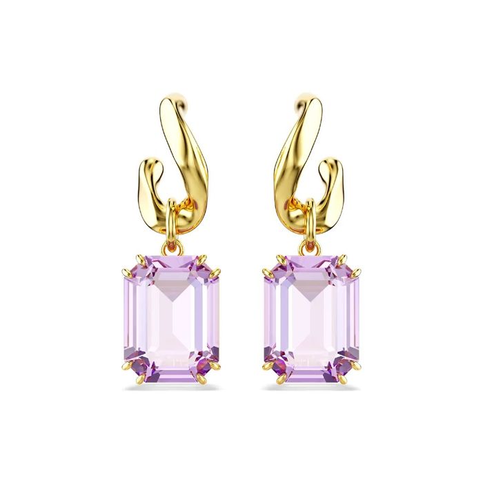 Brincos Swarovski femininos com cristais swarovski grandes roxo com suporte em dourado.