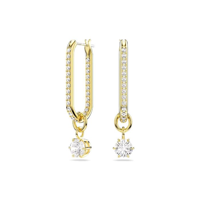 Brincos femininos dourados compridos com cristais swarovski e um cristal maior como pendente.