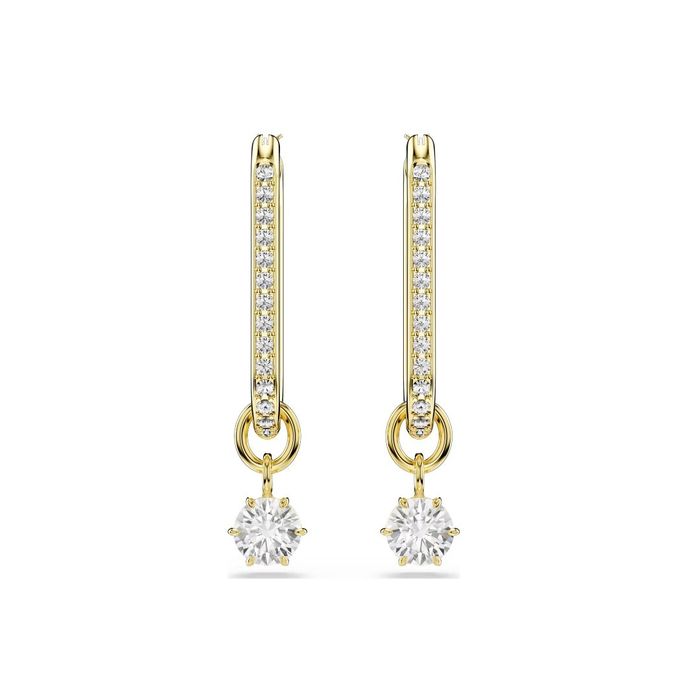 Brincos femininos dourados compridos com cristais swarovski e um cristal maior como pendente.