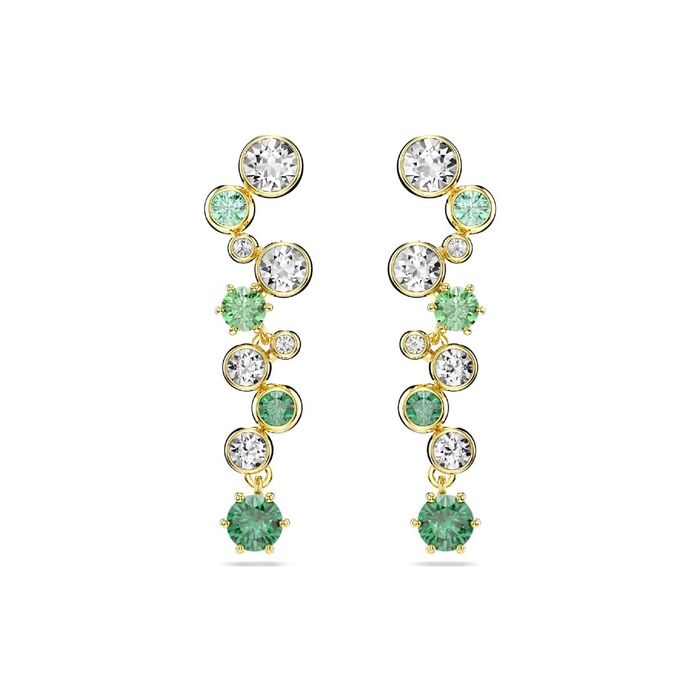 Brincos femininos dourados com cristais swarovski verdes e brancos compridos.
