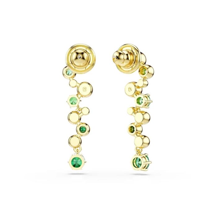Brincos femininos dourados com cristais swarovski verdes e brancos compridos.
