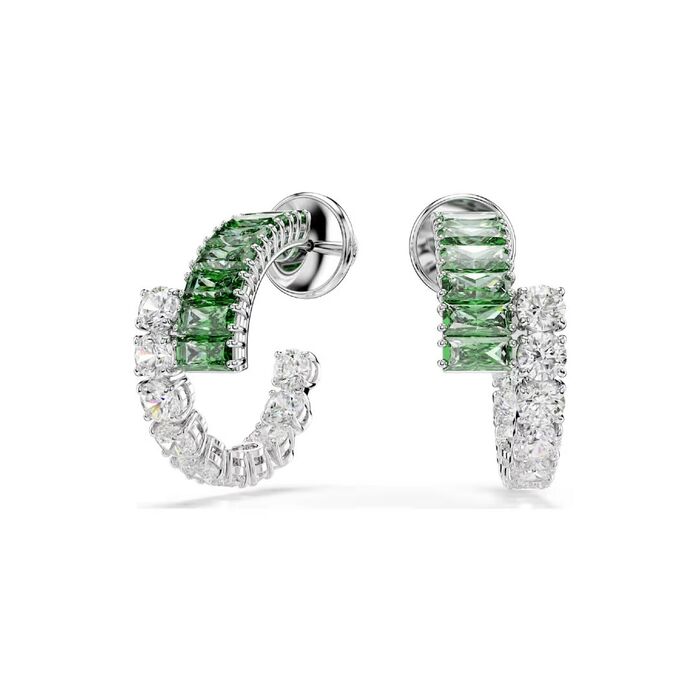 Brincos femininos com cristais swarovski verdes e brancos em forma de argola dupla.