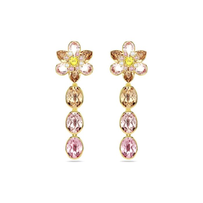 Brincos femininos Swarovski ccom símbolo de flor com cristais multicolores lacados em dourado.