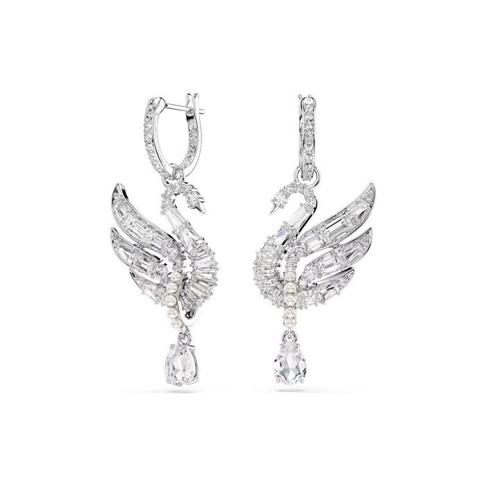 Brincos Swarovski femininos compridos com o cisne da marca como pendente com cristais brancos.
