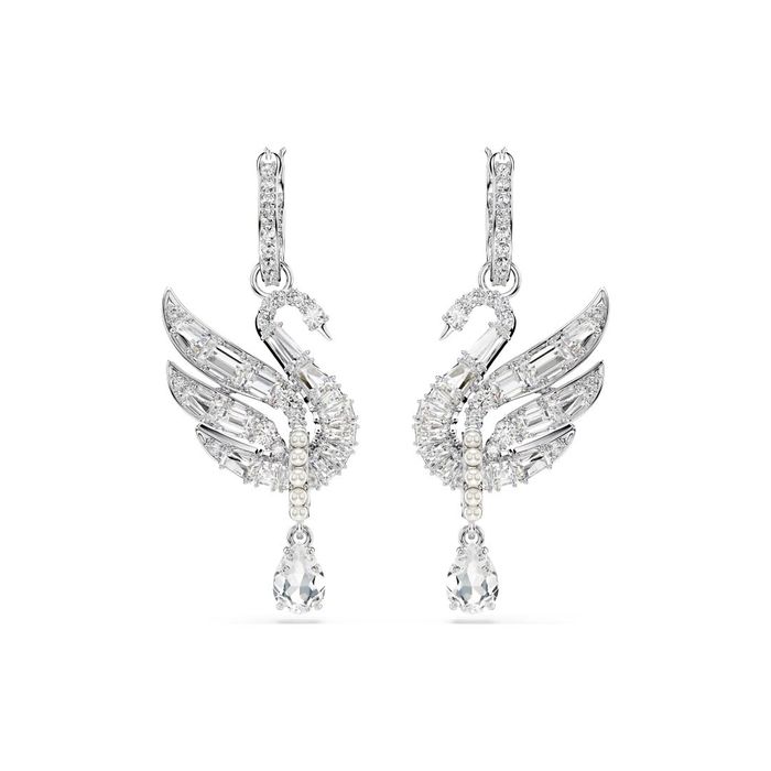 Brincos Swarovski femininos compridos com o cisne da marca como pendente com cristais brancos.