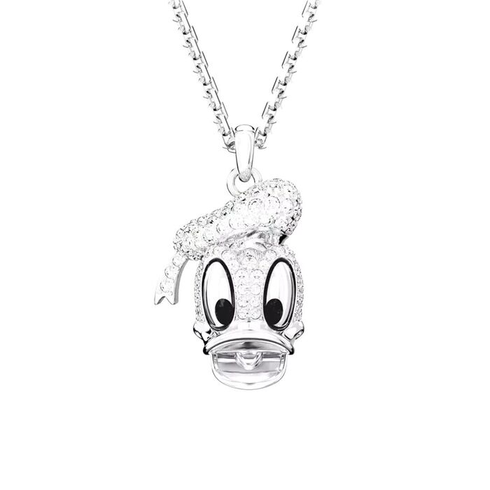 Colar Swarovski prateado e branco com o símbolo do Pato Donald com cristais Swarovski.